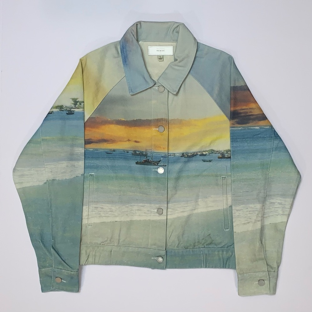 Blank NYC 'Lost in Paradise' Scenic Print Denim Jacket-Size L New